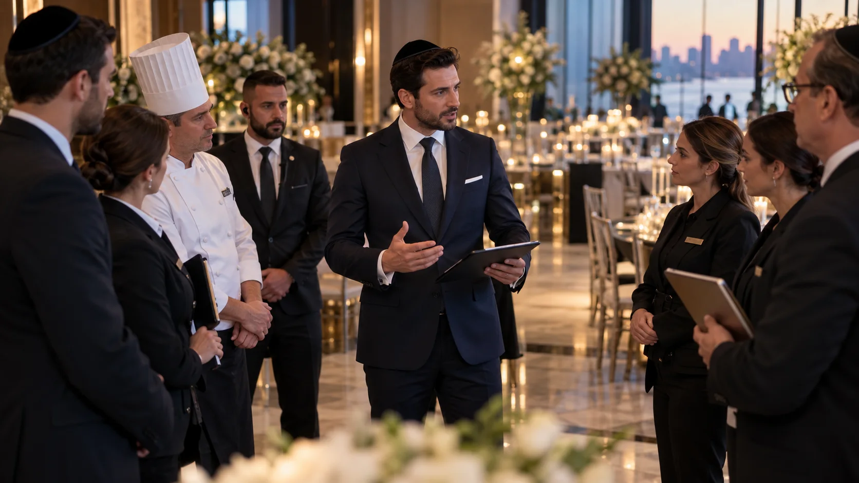 Hospitality captain briefing an event team