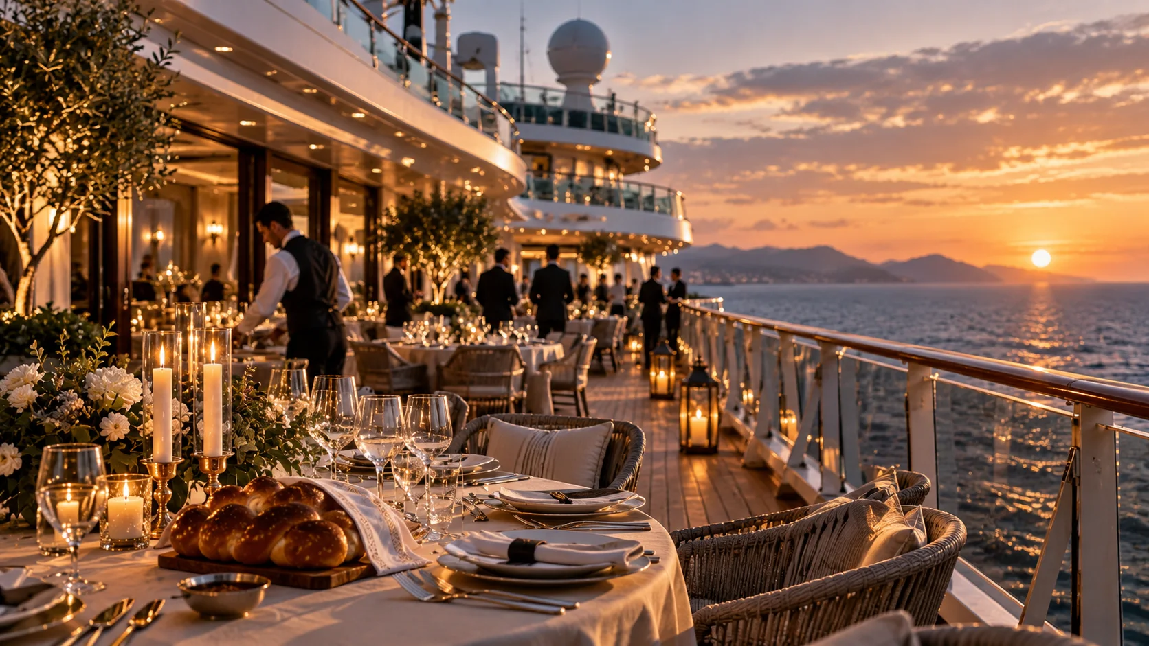 Luxury cruise-ship deck prepared for a Jewish hospitality program at sunset